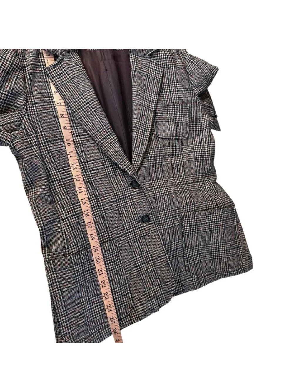 Vintage 70s Houndstooth Plaid Blazer Navy Burgundy Wool Look Tailored Jacket